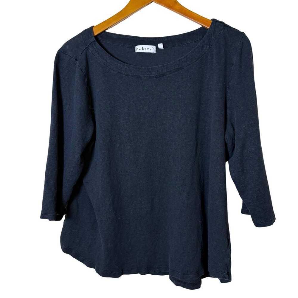 Habitat Women Linen Top XL Black 3/4 Sleeve Scoop Neck Relaxed Lagenlook Coastal